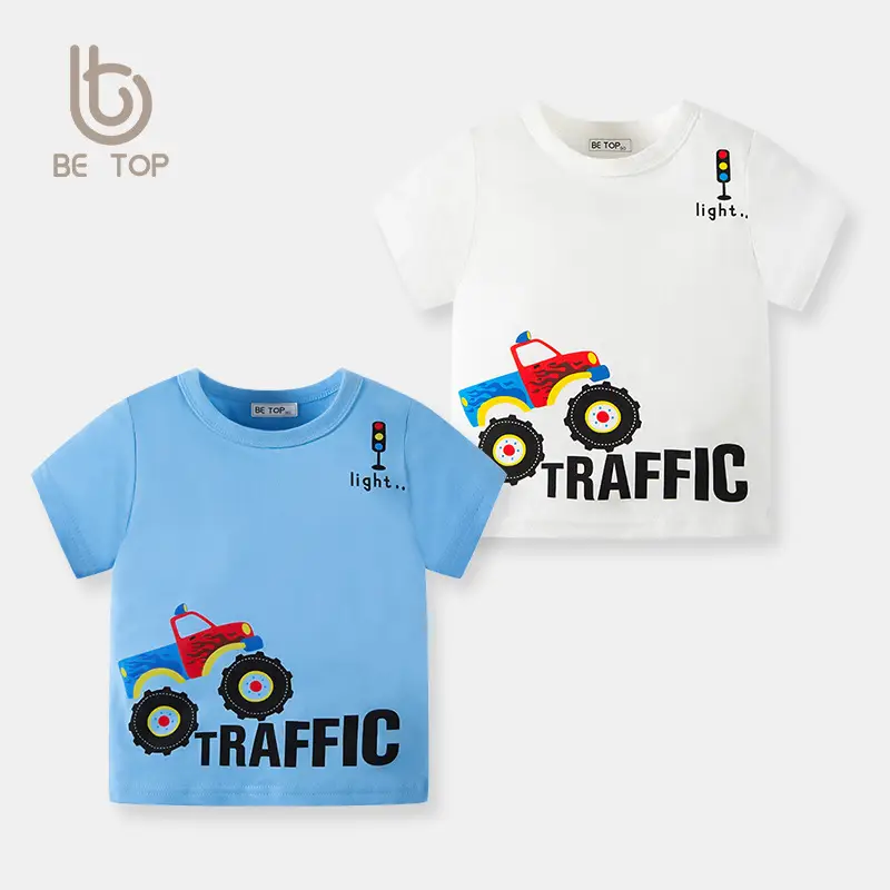 2026 Kids Cartoon Traffic T-Shirt Set Blue White Cotton