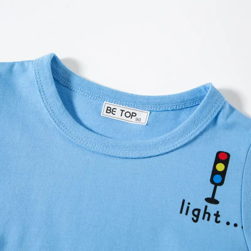 2026 Kids Cartoon Traffic T-Shirt Set Blue White Cotton