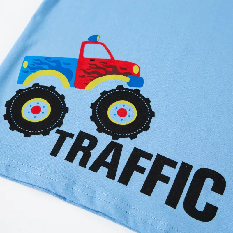2026 Kids Cartoon Traffic T-Shirt Set Blue White Cotton
