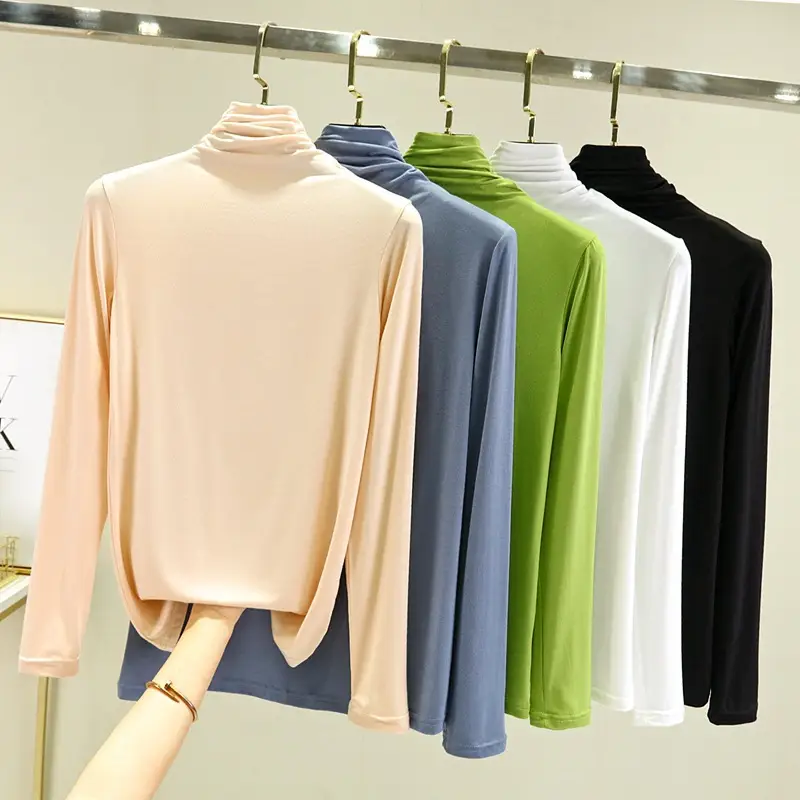 Women's Black Modal High Collar Shirt Spring Autumn Slim Fit