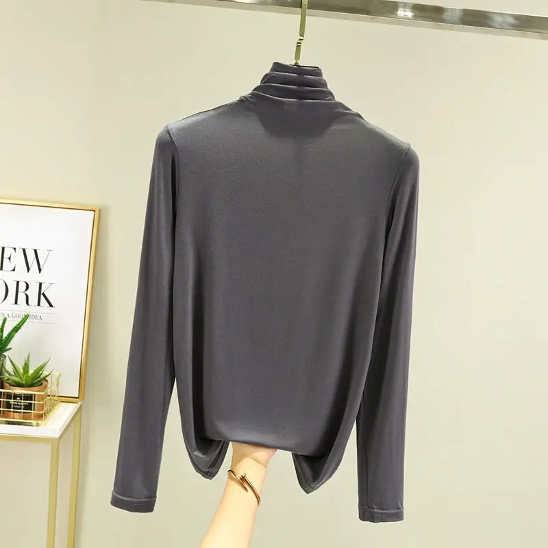 Women's Black Modal High Collar Shirt Spring Autumn Slim Fit