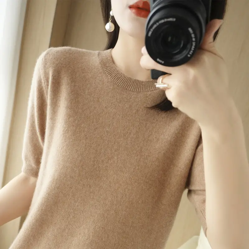 Women Blue Knitted T-Shirt Round Neck Short Sleeve - Image 16