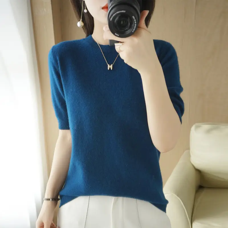 Women Blue Knitted T-Shirt Round Neck Short Sleeve - Image 10