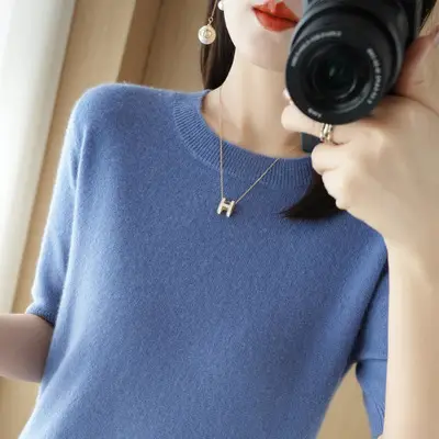 Women Blue Knitted T-Shirt Round Neck Short Sleeve - Image 12