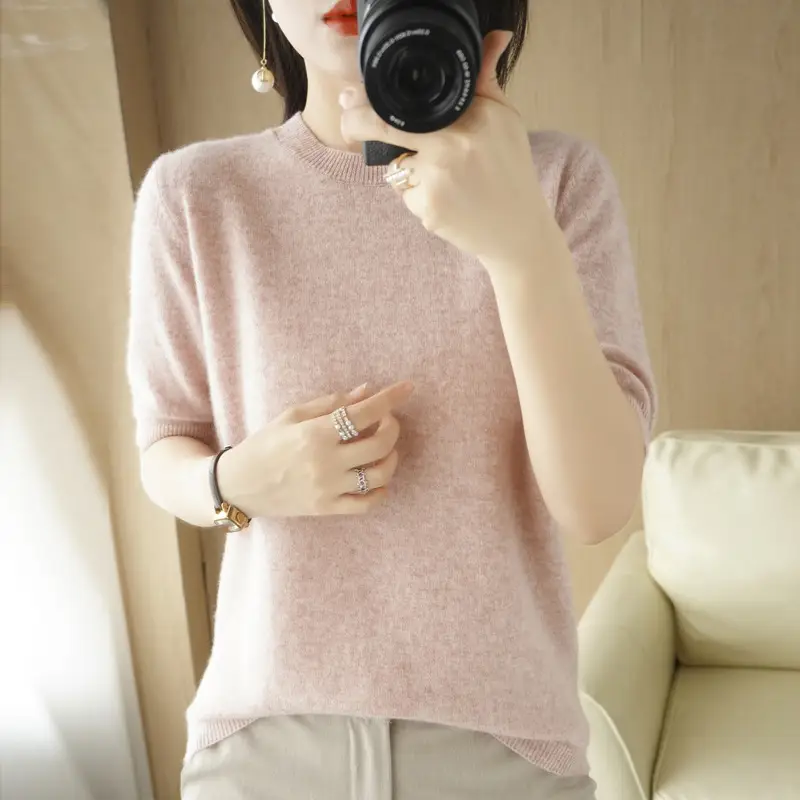 Women Blue Knitted T-Shirt Round Neck Short Sleeve - Image 3