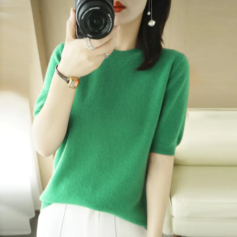Women Blue Knitted T-Shirt Round Neck Short Sleeve - Image 6