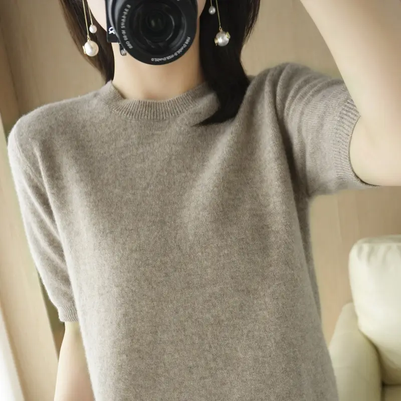 Women Blue Knitted T-Shirt Round Neck Short Sleeve - Image 7