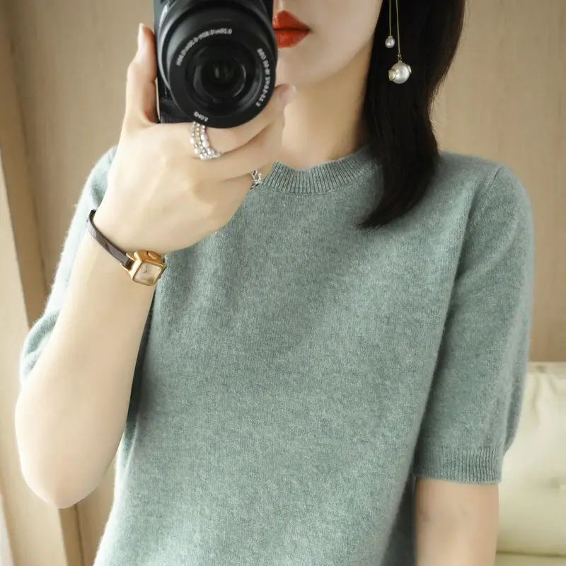 Women Blue Knitted T-Shirt Round Neck Short Sleeve - Image 9