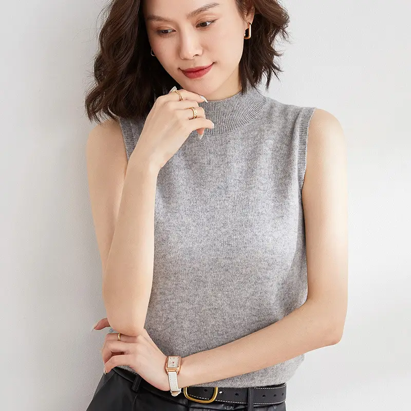 Women's Green Sleeveless Knit Camisole with Half-High Collar - Image 2
