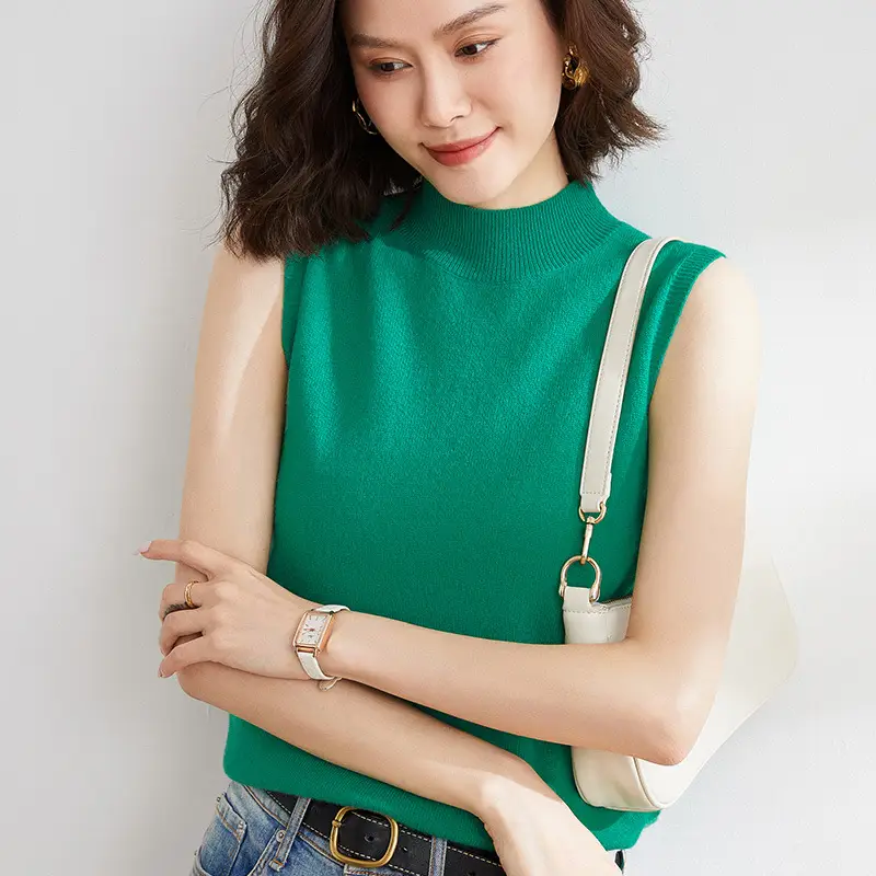Women's Green Sleeveless Knit Camisole with Half-High Collar - Image 3