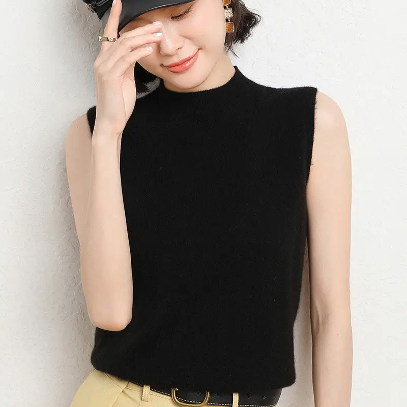 Women's Green Sleeveless Knit Camisole with Half-High Collar - Image 4