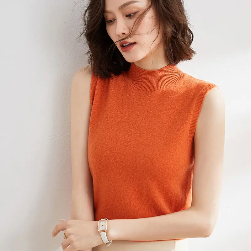 Women's Green Sleeveless Knit Camisole with Half-High Collar - Image 5
