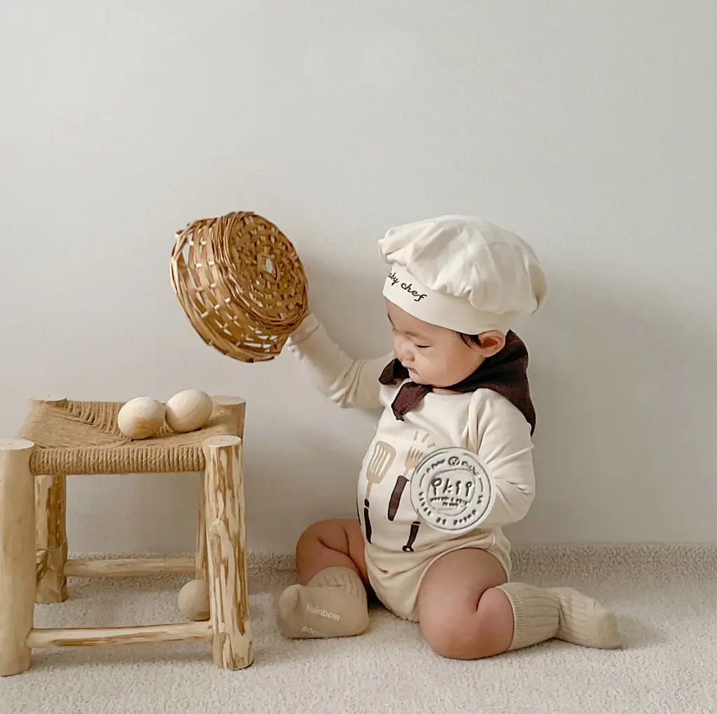 2025 Spring Baby Chef Jumpsuit White Bowtie Hat - Image 5