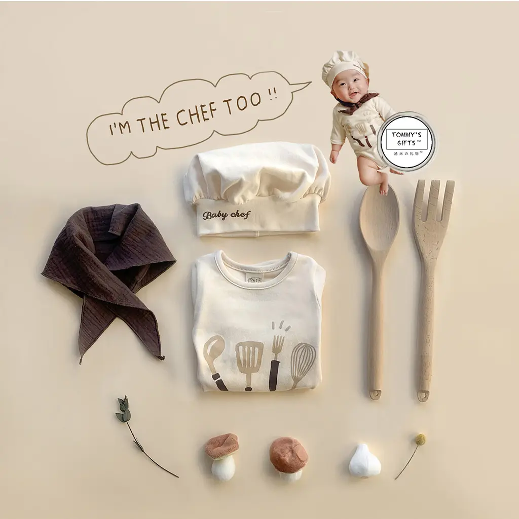 2025 Spring Baby Chef Jumpsuit White Bowtie Hat - Image 7