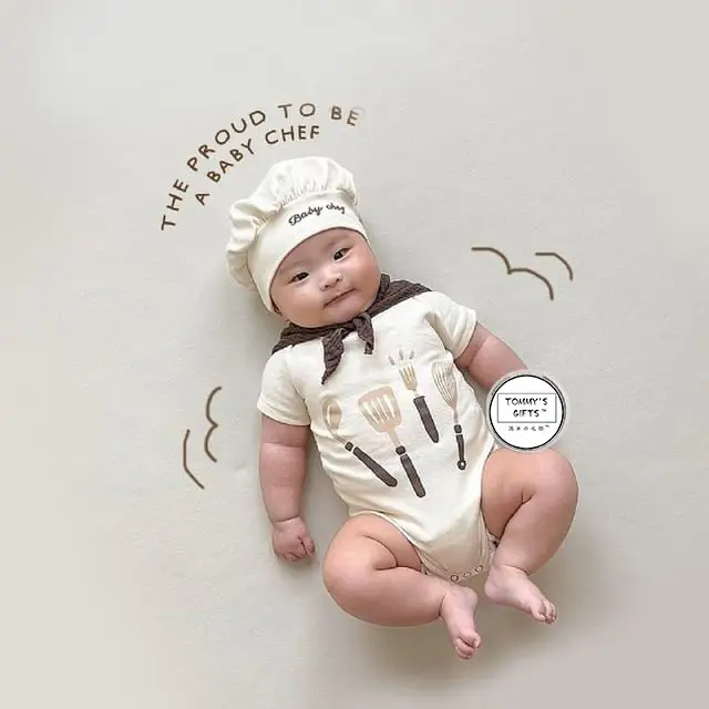 2025 Spring Baby Chef Jumpsuit White Bowtie Hat - Image 2