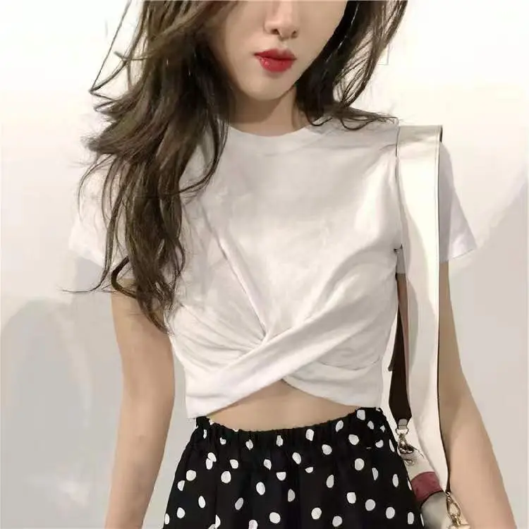 Women 2025 Korean Style Black Polka Dot Crop Top - Image 3