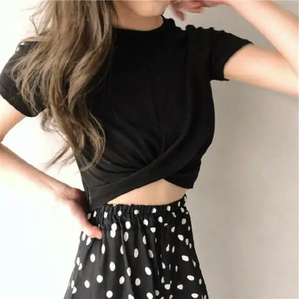 Women 2025 Korean Style Black Polka Dot Crop Top - Image 6