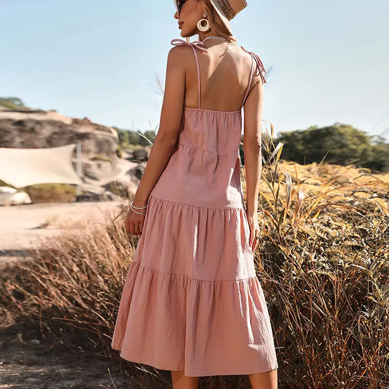 Women Cotton Linen Backless Cake Dress Large Summer - Image 4