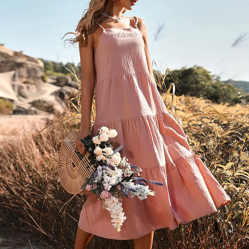 Women Cotton Linen Backless Cake Dress Large Summer - Image 5