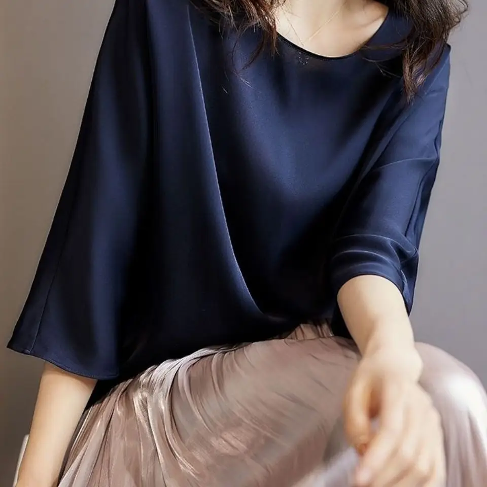 Women Navy Round Neck T-Shirt Seven Point Sleeve Large - Image 7