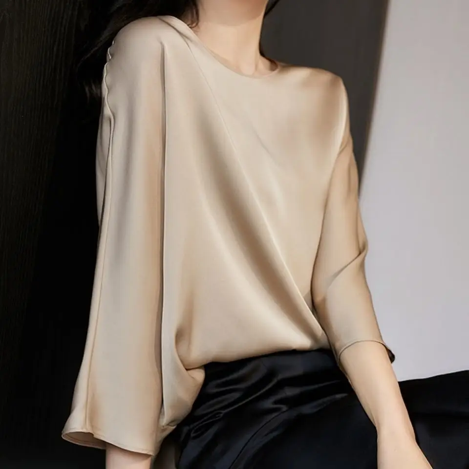 Women Navy Round Neck T-Shirt Seven Point Sleeve Large - Image 8