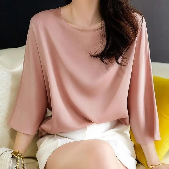 Women Navy Round Neck T-Shirt Seven Point Sleeve Large - Image 2