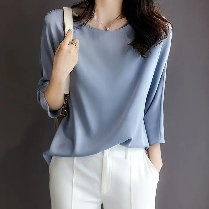 Women Navy Round Neck T-Shirt Seven Point Sleeve Large - Image 6