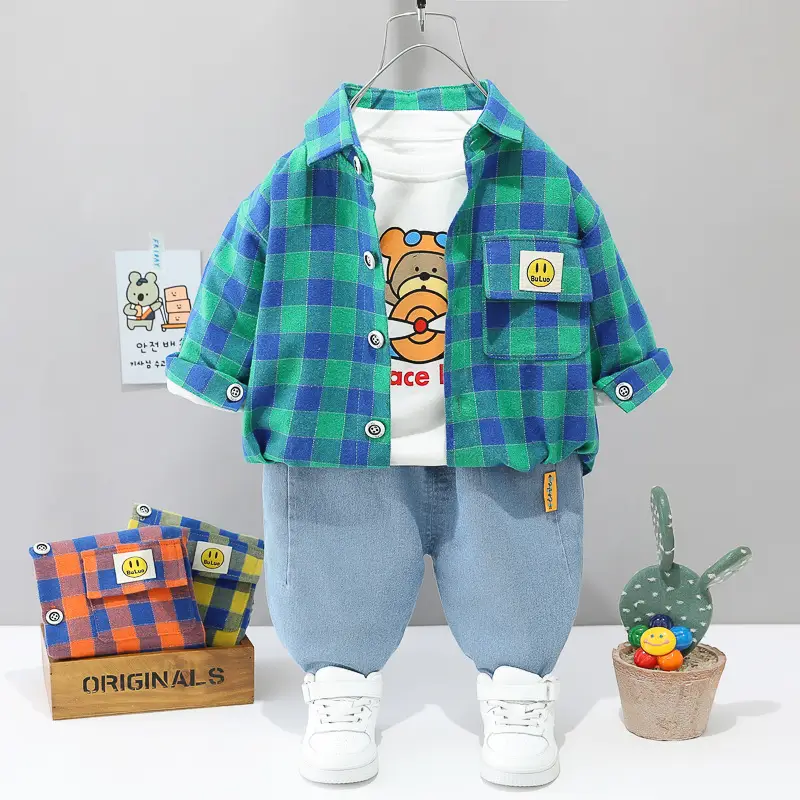 New Boys Plaid Cotton Trousers Set Hooded Shirt Three Piece