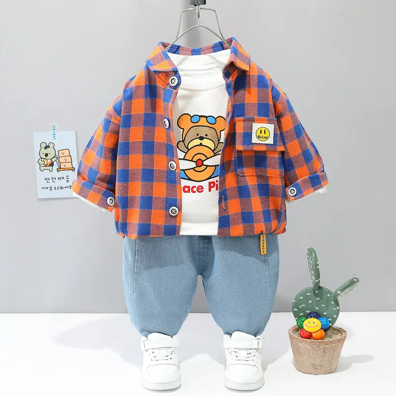 New Boys Plaid Cotton Trousers Set Hooded Shirt Three Piece