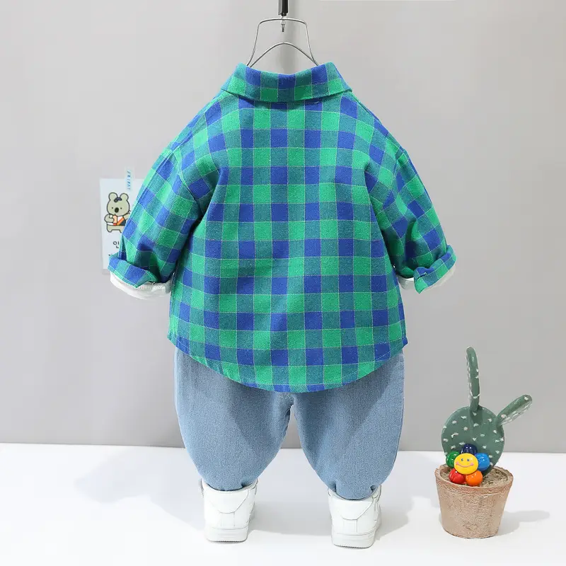 New Boys Plaid Cotton Trousers Set Hooded Shirt Three Piece