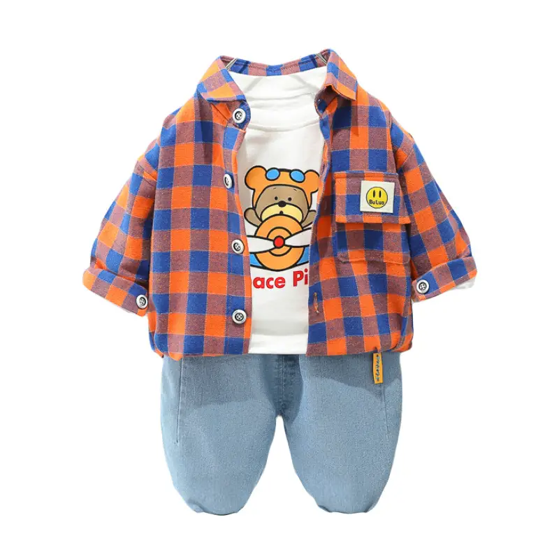 New Boys Plaid Cotton Trousers Set Hooded Shirt Three Piece