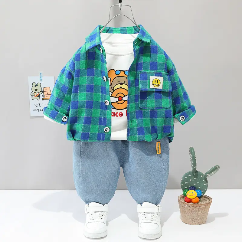 New Boys Plaid Cotton Trousers Set Hooded Shirt Three Piece