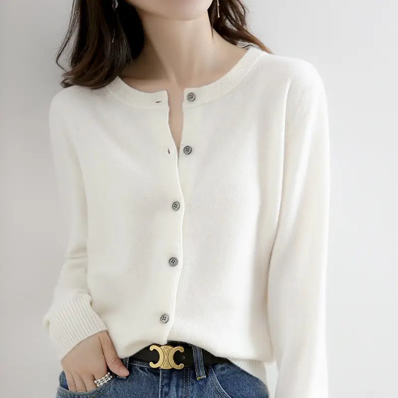 Women Knitted Cardigan Orange Round Neck Long Sleeve - Image 21