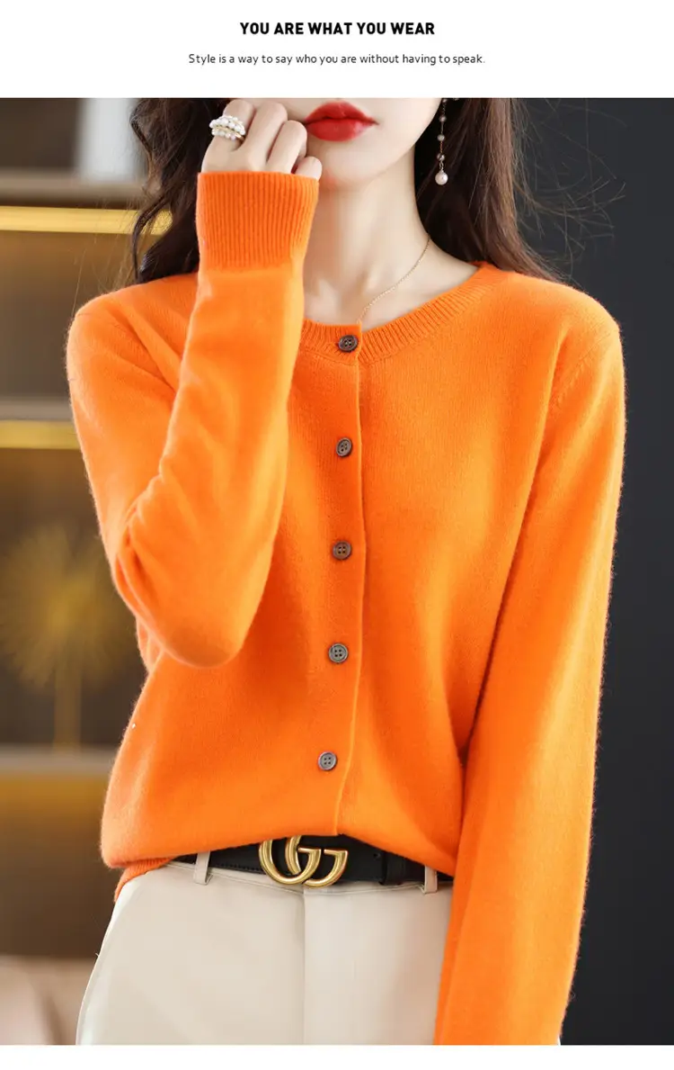 Women Knitted Cardigan Orange Round Neck Long Sleeve - Image 16