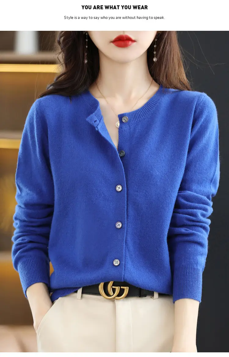 Women Knitted Cardigan Orange Round Neck Long Sleeve - Image 17