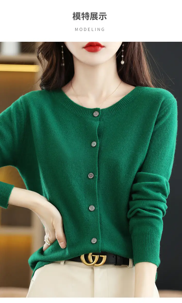 Women Knitted Cardigan Orange Round Neck Long Sleeve - Image 18