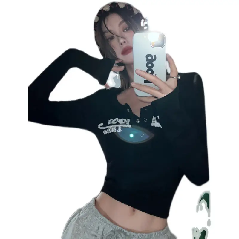 American Style Hot Girl Sexy Pit Base Shirt with Letter V-Neck