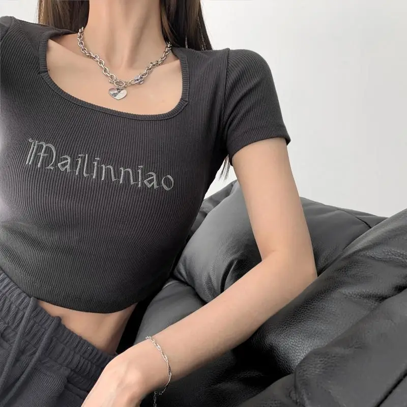 Black Letter Embroidered Low Cut T-Shirt with Square Collar - Image 7