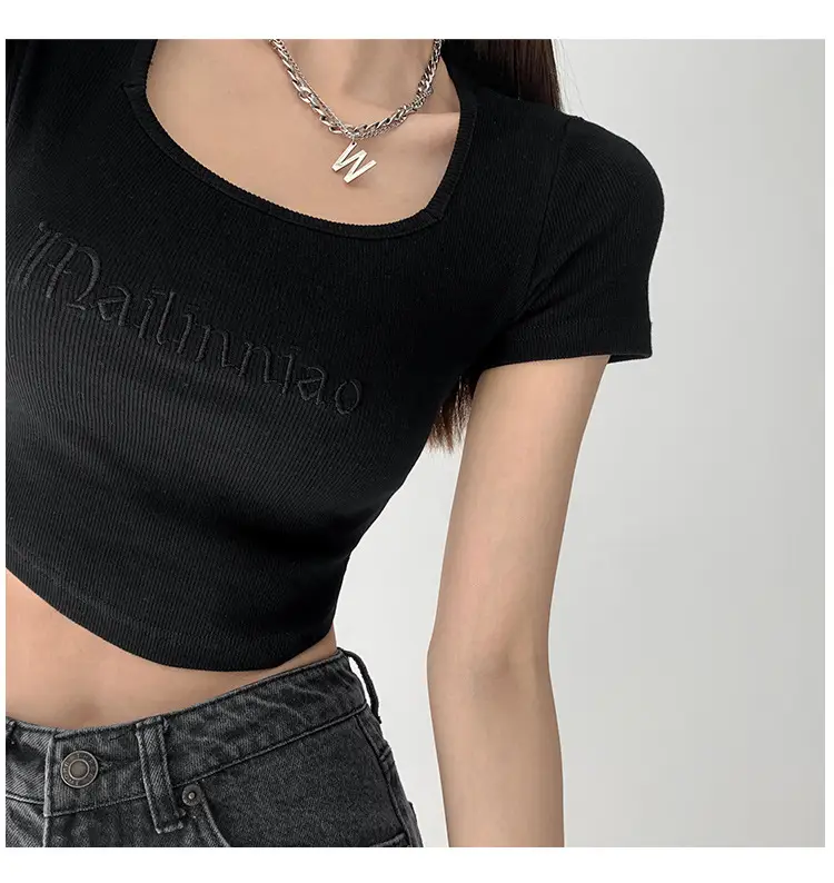 Black Letter Embroidered Low Cut T-Shirt with Square Collar - Image 8