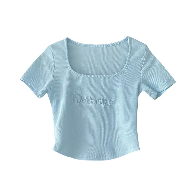 Black Letter Embroidered Low Cut T-Shirt with Square Collar - Image 9