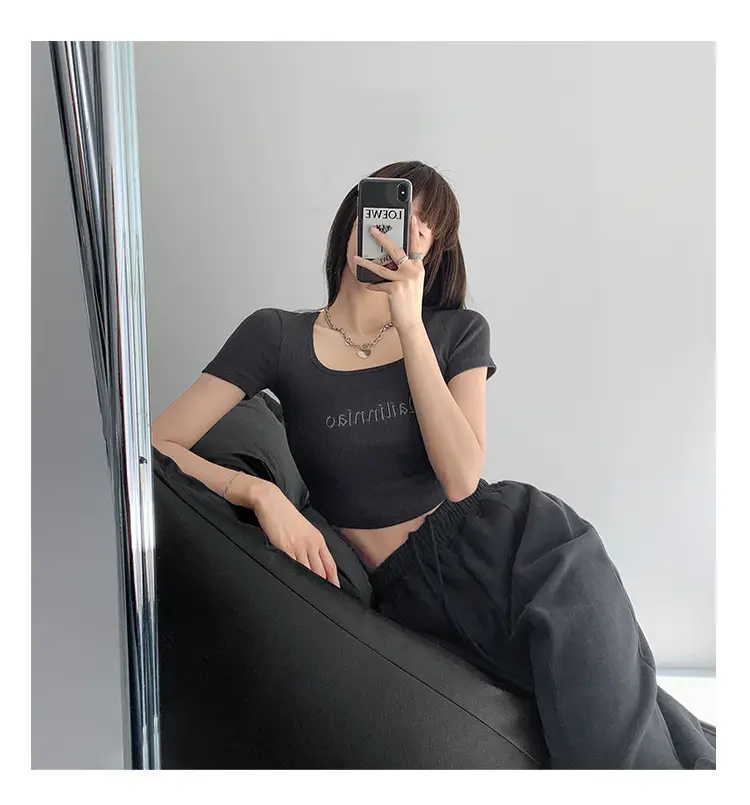 Black Letter Embroidered Low Cut T-Shirt with Square Collar — feature 11