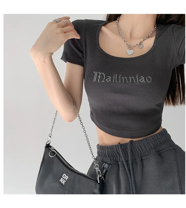 Black Letter Embroidered Low Cut T-Shirt with Square Collar — feature 12
