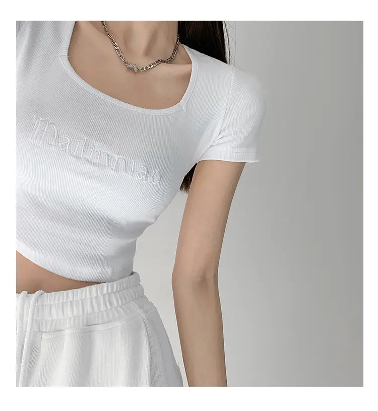 Black Letter Embroidered Low Cut T-Shirt with Square Collar — feature 13
