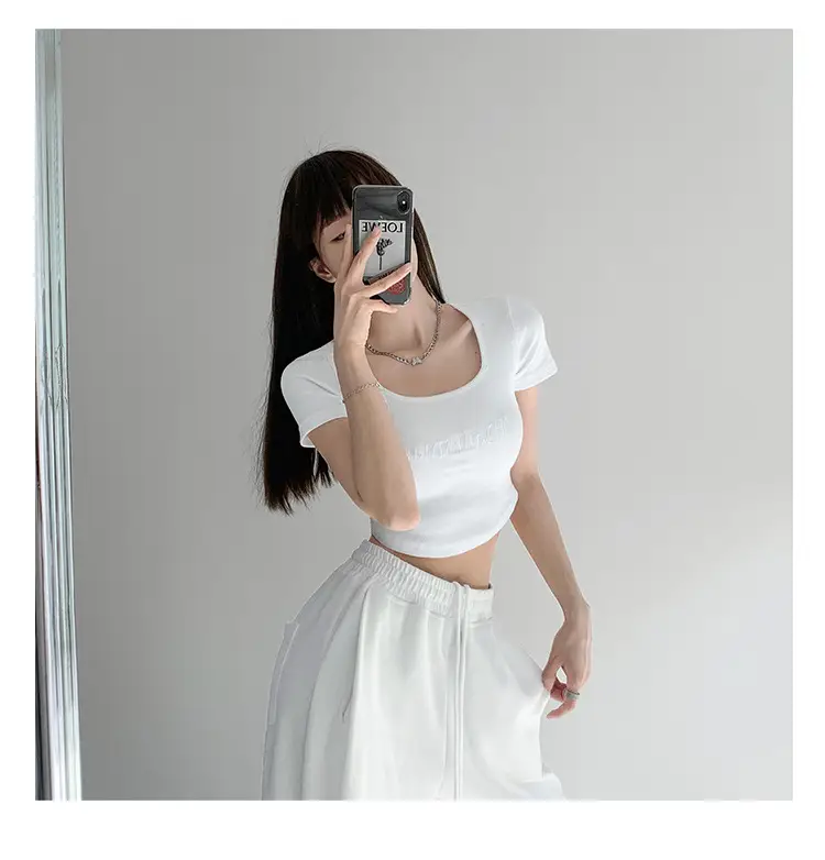 Black Letter Embroidered Low Cut T-Shirt with Square Collar — feature 14