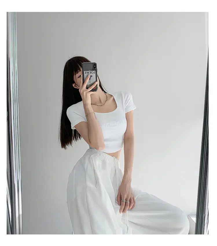 Black Letter Embroidered Low Cut T-Shirt with Square Collar — feature 16