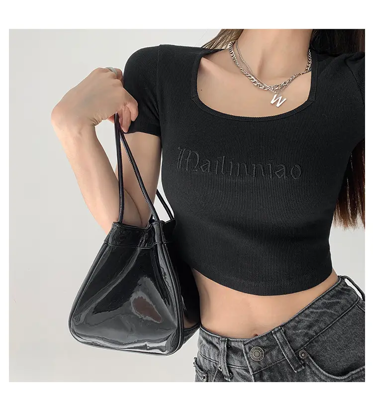 Black Letter Embroidered Low Cut T-Shirt with Square Collar — feature 17