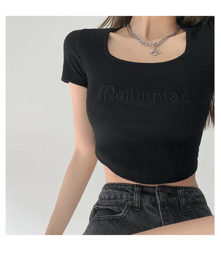 Black Letter Embroidered Low Cut T-Shirt with Square Collar — feature 19