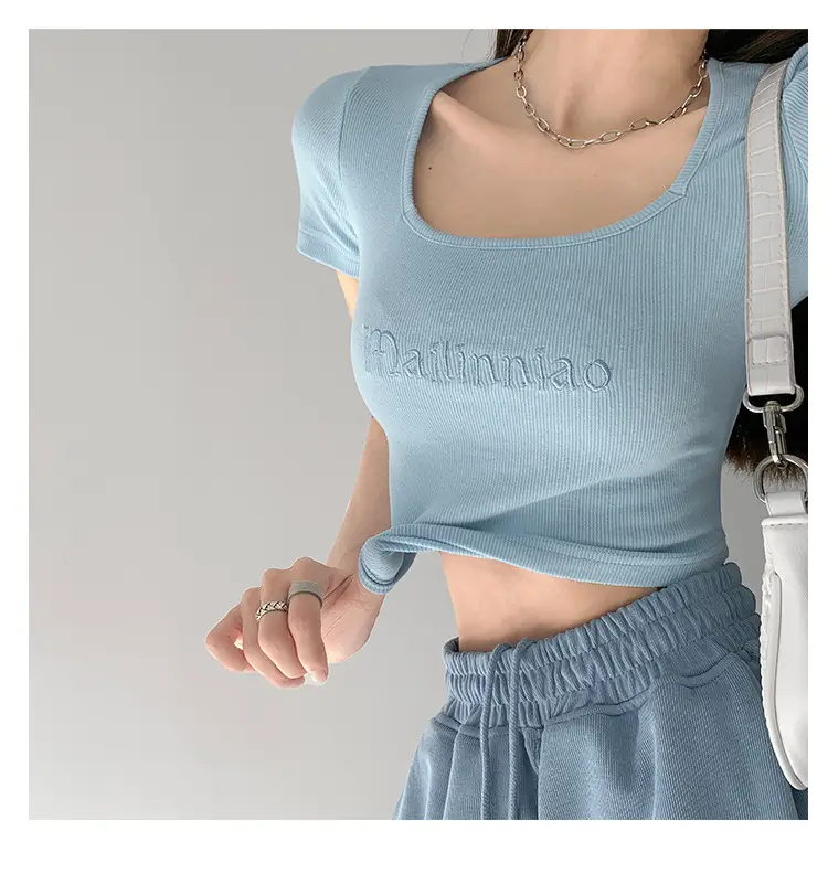 Black Letter Embroidered Low Cut T-Shirt with Square Collar — feature 6