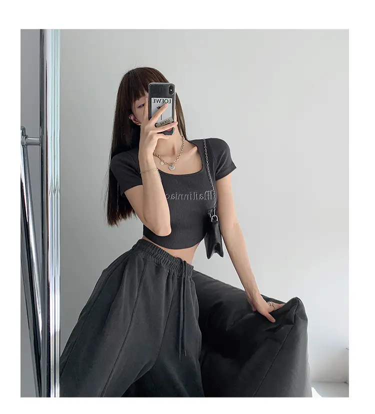 Black Letter Embroidered Low Cut T-Shirt with Square Collar — feature 9