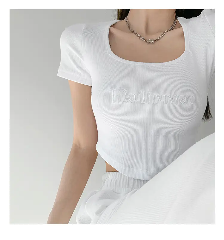 Black Letter Embroidered Low Cut T-Shirt with Square Collar - Image 3